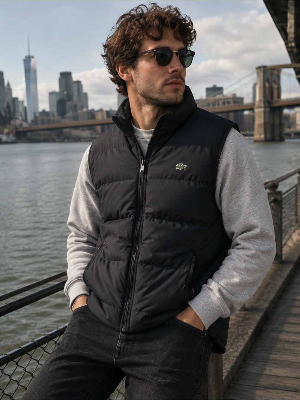 Lacoste Men’s Black Puffer Vest Size 52/5 Full Zip Crocodile Logo Jacket